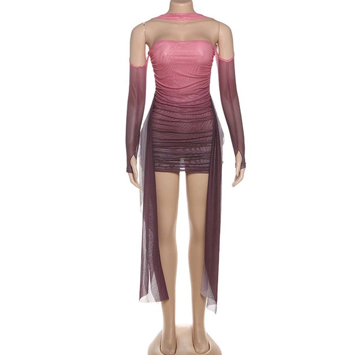 Ombre Sheer Ruched Mesh Mini Dress W/ Long Sleeve
