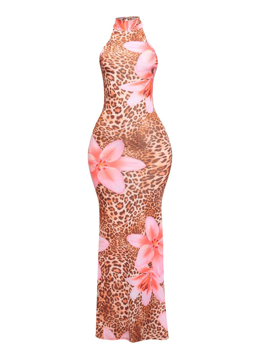 Leopard and flowers halter maxi dress