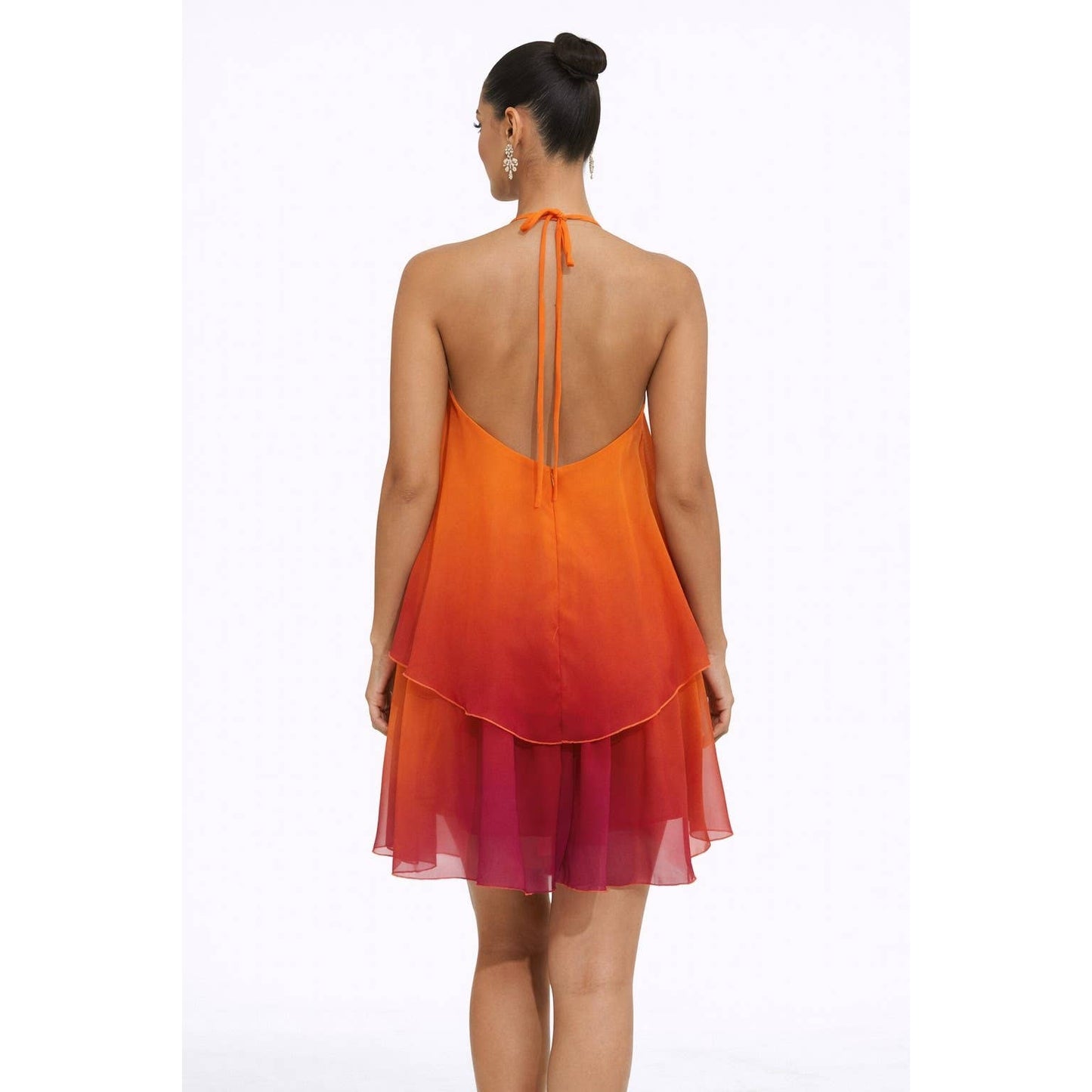 Ombre Sunset Halter Neck Layered Chiffon Mini Dress
