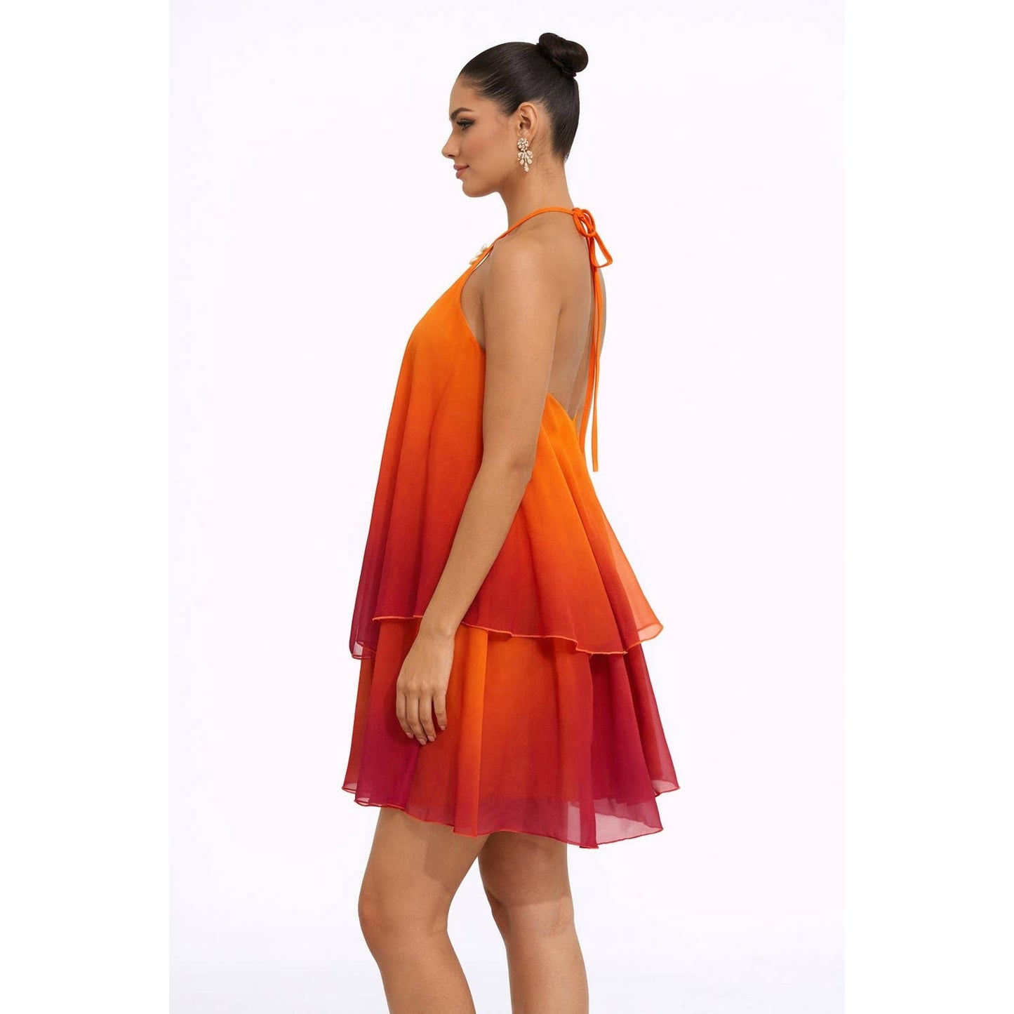 Ombre Sunset Halter Neck Layered Chiffon Mini Dress