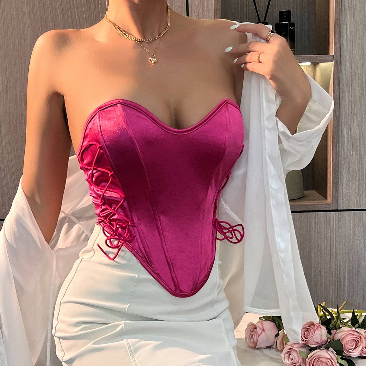 Solid Color Pink Lace-up Satin Matte Herringbone Corset