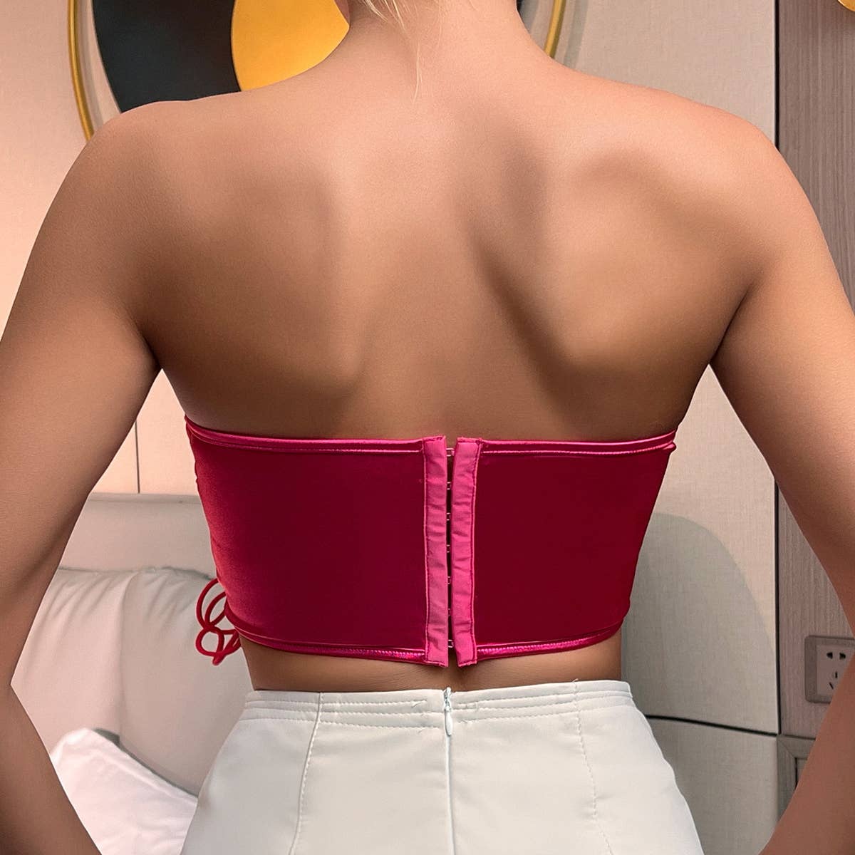 Solid Color Pink Lace-up Satin Matte Herringbone Corset