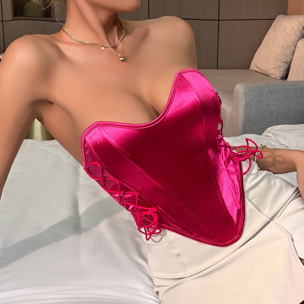 Solid Color Pink Lace-up Satin Matte Herringbone Corset