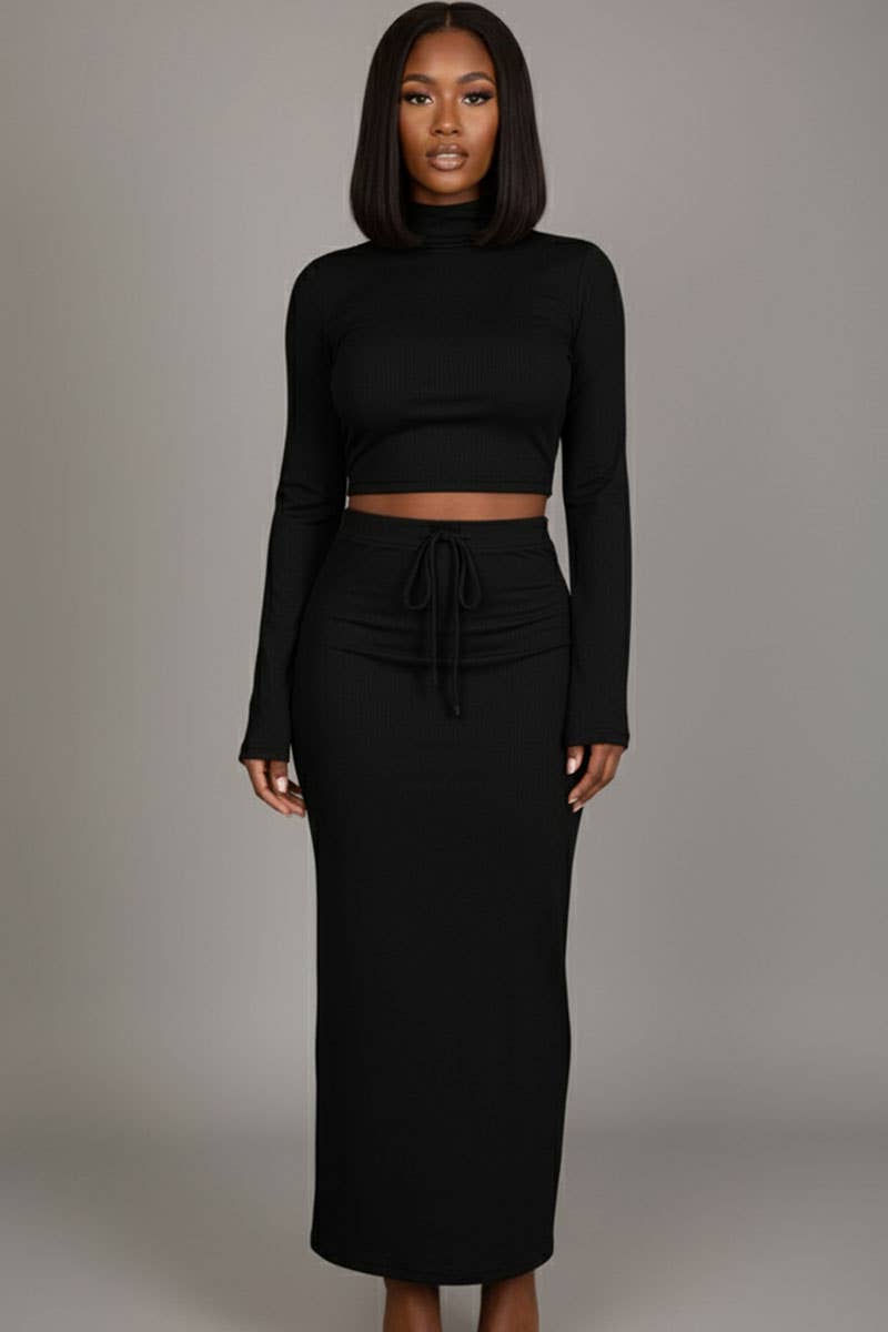 Mock Neck Bell Sleeve Crop Top & Maxi Skirt Set