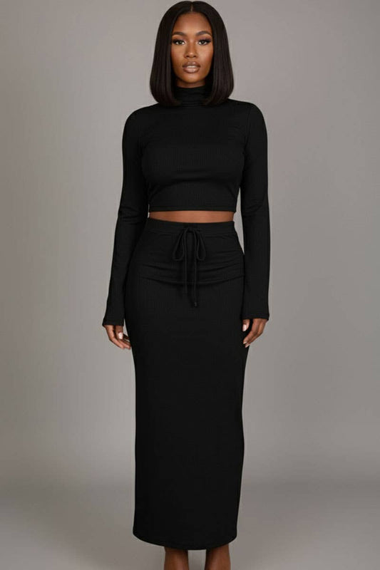Mock Neck Bell Sleeve Crop Top & Maxi Skirt Set