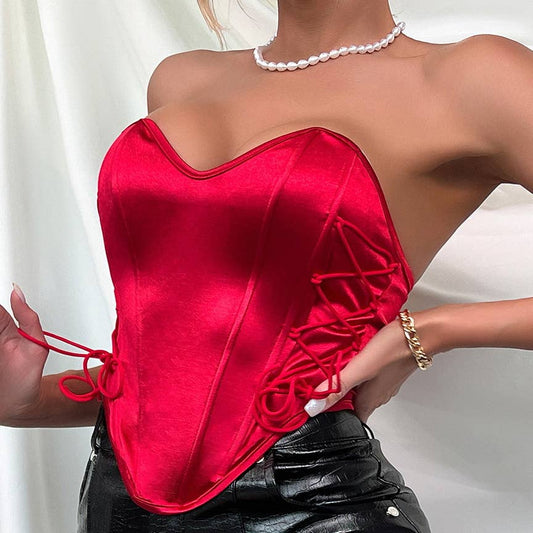 Solid Color Red Lace-up Satin Matte Herringbone Corset