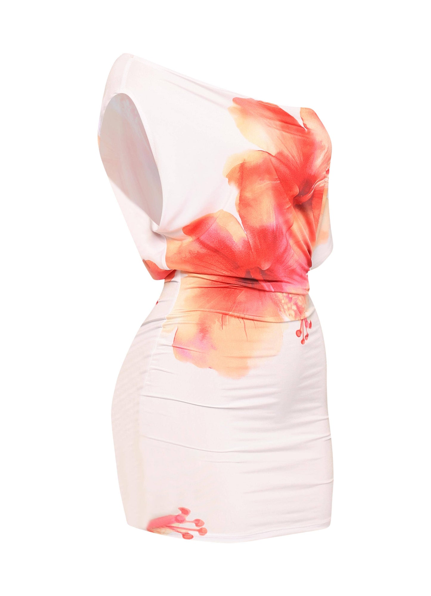 PLUS SIZE LARGE FLOWER PRINTED DRAPED MINI DRESS