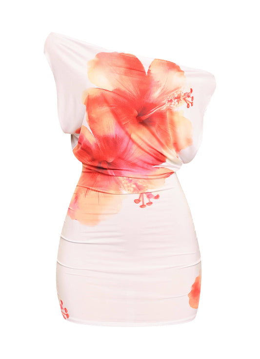 PLUS SIZE LARGE FLOWER PRINTED DRAPED MINI DRESS