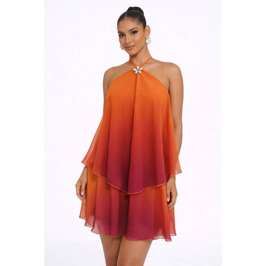 Ombre Sunset Halter Neck Layered Chiffon Mini Dress